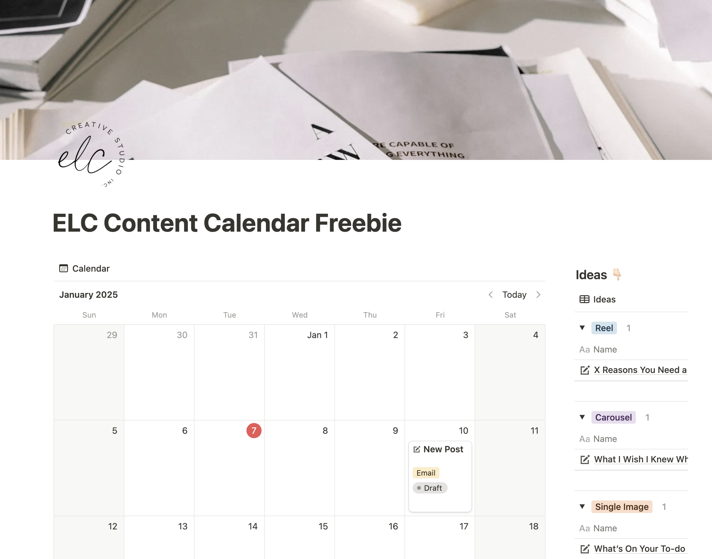 A screenshot of Emily Lynn Caulfield Creative Studio's Free Notion Content Calendar Template 